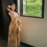 MQTIME  -  Print Floral Vintage Beach Long Dress Women Summer Sleeveless Halter Backless Slim Long Dress Sexy Club Party Birthday Dresses