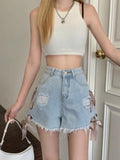 MQTIME  -  Lace Up Blue Denim Women Shorts Kawaii High Waist Hole Booty Shorts Summer Japanese Style Cutecore Aesthetic Clothes New