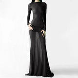  MQTIME  -  Women See Through Mesh Long Dress Long Sleeve Tie-Up Backless Bodycon Dress Evening Party Sexy Dress Beach Cover-ups