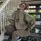 MQTIME  -  American retro style gray green star loose individuality versatile street round neck sweatshirt new autumn and winter