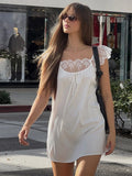  MQTIME  -  Elegant Lace Patchwork Dress Women Sexy Solid Short Sleeve Lace Up Loose Mini Dresses Summer Lady Daily Street Robe