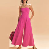 MQTIME  -  Sexy Tube Top High Waist Pocket Jumpsuits Elegant Lady Summer Sleeveless Playsuits Overalls High Street Commute Wide Leg Rompers