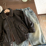 MQTIME  -  Boys Leather Jacket Autumn Spring Korean Style New Arrival Trendy Fashion Cool Brown Solid Color Jackets Coats
