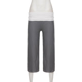  MQTIME  -  Women Striped Wide Leg Calf-Length Pants High Waist Casual Cropped Culottes Loose Fit Overlay Waistband Summer Streetwear
