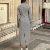 MQTIME  -  Casual Long Sleeve Commuting Maxi Dress Autumn Women Fashion Button Solid Shirt Dress Elegant Lapel Hight Waist Slim Long Dress