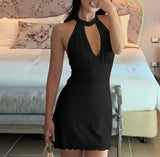 MQTIME  -  Spring Women's Clothing New Sexy Neck Button Low Cut Back Hollow Out Hanging Neck Dress Female Fashion Slimming Dresses