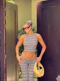  MQTIME  -  Chic Striped Kintted Long Pants Set Women Sexy Sleeveless Backless Halter Top Straight-leg Trousers Sets Lady Street Outfit
