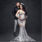 MQTIME  -  New Arrivals Elegant Shiny Rhinestones Off Shoulder Sexy Maternity Shoot Dress Sequin Fishtail Robe De Soiree