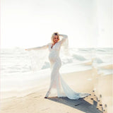  MQTIME  -  Flare Sleeve Lace Pregnancy Dresses Photoshoots Pregnant Session Photos V Neck Sexy Bodycon Floor Length White Maxi Long Dress