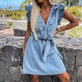 MQTIME  -  Elegant Lace-up Jeans Mini Dress Women 2024 Single Breasted Office Denim Dress Fashion Flying Sleeve V-neck Slim Commuter Dress