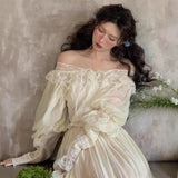 MQTIME  -  Women Maternity Dress for Photoshoot White Elegant Off-shoulder French Style Lace Pregnancy Dresses for Studio Photography