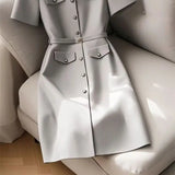 MQTIME  -  Elegant Women Formal Party Midi Dress Summer New Fashion Short Sleeve Single Breasted Office Lady A-Line Dresses with Belt 305B