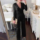 MQTIME  -  Fashion Sequins Lace Up Party Jumpsuit Winter Elegant Draped Long Sleeve Women's Romper Winter V Neck Wide Leg Club Combination