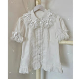 MQTIME  -  Summer Sweet Lolita Peter Pan Collar Puff Short Sleeve Women Blouse Y2k Bow Appliques Single Breasted Clothes Casual Cute Shirt