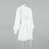 MQTIME  -  Boho White Dress Lantern Sleeve Lace-up Short Dress Cotton Holiday Vestidos Women Button Down Ruffled Edged Robes