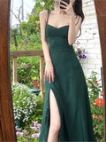 Mqtime Womem Vintage Sweet Midi Camisole Dress Side Split Casual Long Dress New French Retro V-Neck Green Chiffon Strap Dress