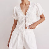 MQTIME  -  Summer Cotton Cut-out Stitching Design Sense Set Women's Summer New V-neck Short Sleeve Lace-up Top Shorts Two-piece Set