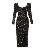 MQTIME  -   Summer Hand Wrinkled Dot Print Long Sleeve Split Black Heart Machine Dress Light Luxury Style Long Dress