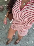 MQTIME  -  Casual Stripe Women's Shorts Suit V-neck Short Sleeve Tees High Waist Wide Leg Short Pant Female Set Summer Lady Beach Outfits