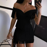  MQTIME  -  New Winter Women Solid Slash Neck Sleeveless Dress Empire Tassel Sheath Mini Dress Sexy Night Club Wear Bandage Dresses