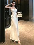 MQTIME  -  Lace Strapless Long Dress Women Sleeveless Camisole French Elegant Dress Solid A Line Dinner Night Fashion Simple Vestidos New