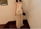 MQTIME  -  Gentle Floral Embroidery Strapless Maxi Dress Summer Slim Bodice Women Sheer Patchwork Vacation Wedding Guest Evening Long Dress