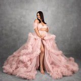 Mqtime Pink Ruffle Tulle Maternity Dresses Photoshoot Front Slit Sweetheart Lush Mesh Maternity Photography Dress