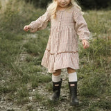  MQTIME  -  Retro Cotton Linen Long-Sleeved Plaid Dress Girls Spring New Button-up Ruffled Round Neck A-Line Dresses Children's Clothing