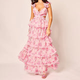 MQTIME  -  Women Summer Floral Print Ruched Bust Sleeveless V-Neck Ruffle Layered Lace-up Backless Flowy A-Line Long Cake Dress