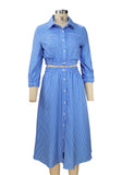 MQTIME  -  Elegant Blue Stripe Skirt Sets for Women 2 Pieces Fashion Long Sleeve Button Short Shirt and High Waist Pleated Skirts