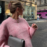 MQTIME  -  Elegant Oversize Knit Women Pullover Full Sleeve O Neck Female Sweater 2024 Autumn Winter Fashion Pink Warm Soft Lady Knitwear