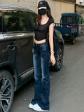 MQTIME  -  Retro Deep Blue Denim Jeans Women's Spring Slim Fit Elastic Micro Flared Pants Small Stature Casual Low Waist Long Trousers