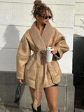 MQTIME  -  Fashion Retro Leather Women's Coat Winter Warm Windproof Plush Lining Coats with Belt Women Solid Turndown Collar Outerwears