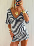 MQTIME  -  Y2k Retro Grey White Stripe V Neck Ruched Mini Dress Stripe Print Loose Puff Short Sleeve Dresses Female City Casual Stroll Robe