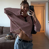 MQTIME  -  Fall Women's Stripe Loose Casual T-shirt O-Neck Long Sleeve Contrast Color Patchwork Straight Fit Top Fashion Streetwear