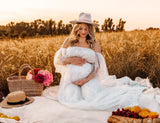 MQTIME  -  Maternity Dresses For Baby Showers Bead Embroidered Mesh Sexy Off Shoulder Dress Elegant Photo Shoot Dress For Women