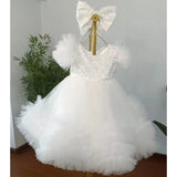 MQTIME  -  Customized Blush Flower Girl Dresses Tulle Flory Aplliques With Bow Short Sleeve For Wedding Birthday Prom Holy Communion Gowns