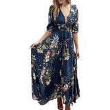 MQTIME  -  Women's Bohemian Button Down Floral Dress Summer Half Sleeve V Neck Midi Casual Dresses Beach Large Swing Women Boho Dress