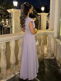 MQTIME  -  Mesh Pleated Dress Elastic Waist Cinching Round Neck Short Sleeved Diagonal Waistline Slimming Gauze Long Dresses Purple Robes
