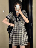 MQTIME  -  2024 Summer New Fashionable French Slimming Large Bow Bubble Sleeves Black and White Plaid Dress V-neck Short Skirt for women