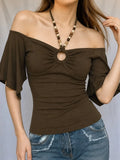  MQTIME  -  American Vintage Solid Beading Halter Short Sleeve All Match Slim-waist Top Female