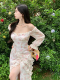 Mqtime Elegant Slash Neck Floral Dress Women Ruffles High Split Long Sleeve French Vintage Evening Party Vestidos Korean Clothing