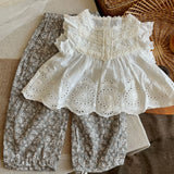  MQTIME  -  Summer Baby Girls Cute Sets Korean Style Lace Embroidery Blouses Printed Pants 2pcs Children Chic Outfits