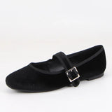 MQTIME  -  Velvet Fabric Flats Mary Jeans Shoes Women Spring Autumn Buckle Strap Ballet Ladies Shoes Elegant Square Toe Black Loafers