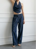  MQTIME  -  Women Dark Denim 2 Piece Set Halter V Neck Rivet Trim Draped Cowl Top High Waist Wide Leg Pleated Long Trousers Matching Outfit