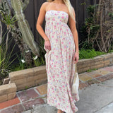MQTIME  -  Women Casual Strapless Dress Summer Boho Floral Print Tie up Backless Long A-Line Dress for Party Beach Streetwear