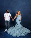 MQTIME  -  Dusty Blue Mermaid Maternity Dresses for Photo Shoot Ruffles Tulle Pregnancy Baby Shower Dress Prom Party Gowns Customized
