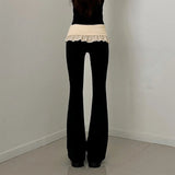 ﻿ MQTIME  -  Autumn Color Patchwork Lapel Waist Ruffles Slim Flare Pants Women Fashion Casual Streetwear Boot Cut Trousers All Matching