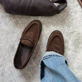 MQTIME  -  Cow Suede Slip-on Women Loafers Spring Autumn Round Toe Pleated Leather Daily Casual Brown Flats Shoes Shallow Footwear New