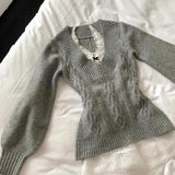 MQTIME  -  Vintage V-neck Gray All-match Knitted Pullover   Autumn New Bottoming Tops Women Y2k Slimfit Long Sleeve Sweaters Mujer